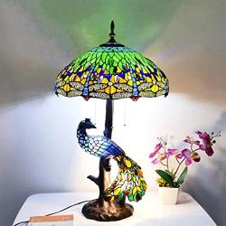 Peacock Tiffany Style Stained Glass Table Lamp, Vintage Handmade Decorative Desk Lamp Pull Cord Switch Reading Lamp for Living Room, Bedroom, Wedding Room, Villa,Greendragonfly