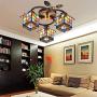 LITFAD Tiffany Ceiling Lamp Chandelier Art Glass Lodge Shade 3-Light Semi Flush Ceiling Fixture with Leaves Accent Distressed Bronze Canopy Ceiling Hanging Light for Living Room Bedroom Hotel