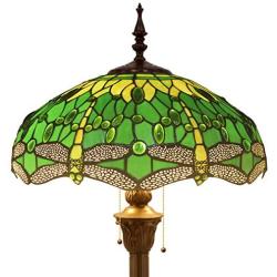 Tiffany Style Floor Standing Lamp W16H64 Inch Tall Green Stained Glass Crystal Bead Dragonfly Shade 2E26 Antique Reading Lighting Resin Base S459 WERFACTORY LAMPS Living Room Bedroom Table Lover Gifts