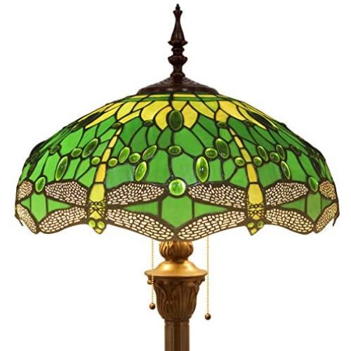 Tiffany Style Floor Standing Lamp W16H64 Inch Tall Green Stained Glass Crystal Bead Dragonfly Shade 2E26 Antique Reading Lighting Resin Base S459 WERFACTORY LAMPS Living Room Bedroom Table Lover Gifts