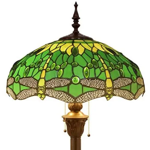 Tiffany Style Floor Standing Lamp W16H64 Inch Tall Green Stained Glass Crystal Bead Dragonfly Shade 2E26 Antique Reading Lighting Resin Base S459 WERFACTORY LAMPS Living Room Bedroom Table Lover Gifts
