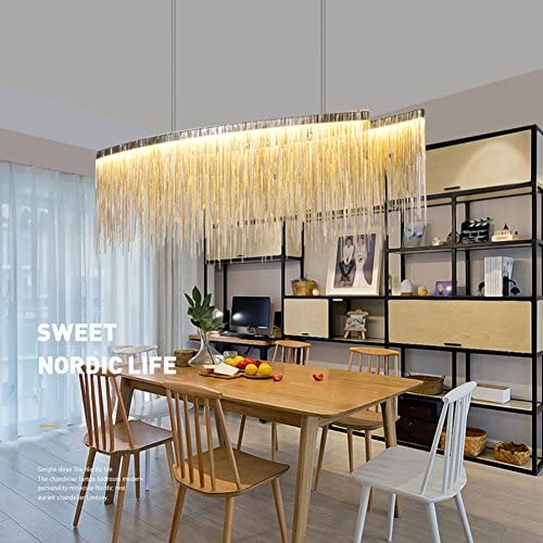 7PM Modern Linear Chandelier Tassels Chrome Chain Pendant Light Contemporary Lighting Fixture for Dining Room Kitchen Island