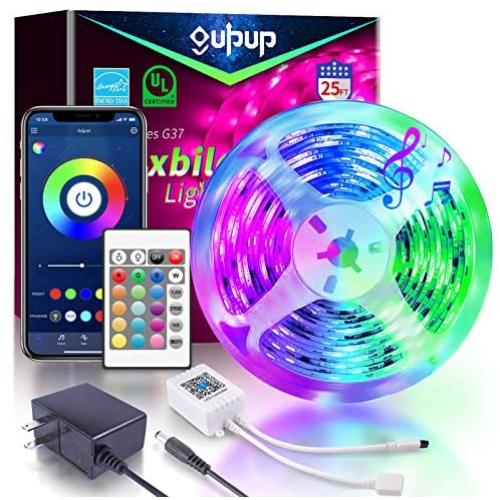 LED Lights Bluetooth 25ft, GUPUP LED Smart Strip Lights 5050 RGB Color Changing LED Strip Lights 25ft Sync to Music LED Lights for Bedroom Controlled by Bluetooth APP and 24-Key Remote