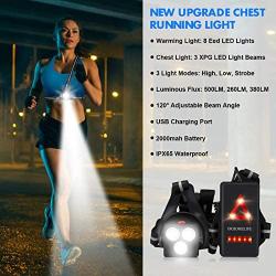 Upgrade Chest Running Light for Runners & Joggers - ORHOMELIFE Outdoor Night Safety Run Light with 3 XPG LEDS, 500Lumen, USB Rechargeable, 120° Adjustable Beam for Camping, Running, Jogging, Hiking