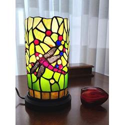 Amora Lighting Tiffany Style Accent Lamp 10'' Tall Stained Glass Yellow Red Dragonfly Floral Vintage Antique Light Decor Nightstand Living Room Bedroom Gift AM1015ACCB, Multicolor