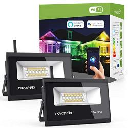 Novostella 2 Pack 20W Smart LED Flood Lights, RGBCW, 2700K-6500K, 2000LM, WiFi Outdoor Dimmable Color Changing Stage Light, IP66 Waterproof, Multicolor Wall Washer Light, Work with Alexa
