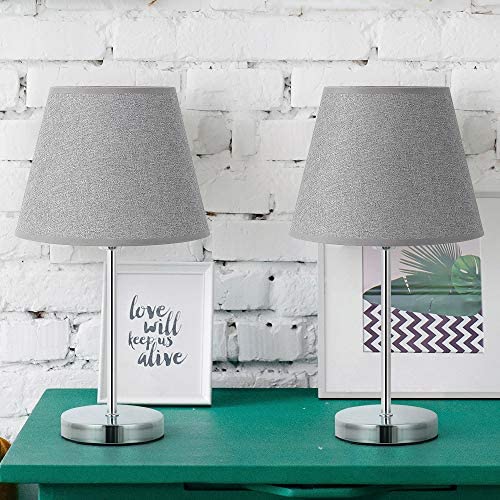 Simple Bedside Table Lamps Set of 2 with Slender Base Modern Small Nightstand Desk Lamps for Bedroom, Living Room, Kids Room, Office, College Dorm (Grey)