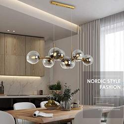 CCSUN Nordic Glass Ball Long Chandelier,110cm Island Lights 8-Lights Spherical Pendant Light E26 Golden Mid Century Chandelier Smoke Gray Globe Decor Hanging Lamp for Living Room Dining Room