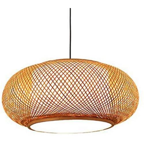 LITFAD Antique Lantern Pendant Lighting Rattan Single Light Weaving Natural Wooden Ceiling Hanging Light Beige Ceiling Fixture with Adjustable Cord for Dining Room Living Room Restaurant - 23.5''
