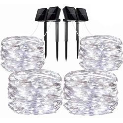 LiyuanQ Solar String Lights, 4 Pack 100 LED Solar Fairy Lights 33 Feet 8 Modes Silver Wire Lights Waterproof Outdoor String Lights for Garden Patio Gate Yard Party Wedding Indoor Bedroom Cool White