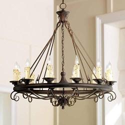 Rodeo Bronze Large Wagon Wheel Chandelier 36'' Wide Rustic Country Cottage 12-Light Fixture for Dining Room House Foyer Kitchen Island Entryway Bedroom Living Room - Franklin Iron Works