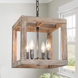 Farmhouse Chandelier, New Modern Farmhouse Light Fixture, 4-Light Lantern Square Chandelier with Wood (Weathered Brown)