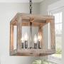 Farmhouse Chandelier, New Modern Farmhouse Light Fixture, 4-Light Lantern Square Chandelier with Wood (Weathered Brown)