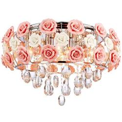 LUOLAX Romantic Ceramic Rose Flower Chandelier Modern Crystal Pendant Lamp Flush Mount Hanging Ceiling Fixture for Girl Bedroom/Living Room/Restaurant/Dining Room Decoration, Pink(Dia 19.68Inch)