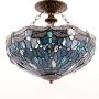 Tiffany Ceiling Fixture Lamp Semi Flush Mount Light W16H15 Inch Sea Blue Stained Glass Crystal Bead Dragonfly Shade S147 WERFACTORY Kid Living Room Bedroom Study Kitchen Island Bar Hallway Dining Room