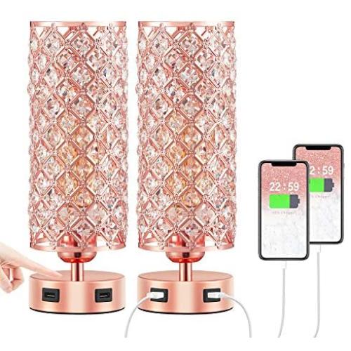 Pink Touch Crystal Lamp Set of 2 with Dual USB Ports, Rose Gold Bedside Lamp, 3 Way Dimmable Nightstand Lamps Desk Light for Bedroom Living Room(Included ST 64 Bulbs)