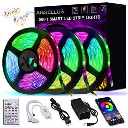 AHSELLUS LED Strip Lights, 50ft 15m RGB LED Light Strip 5050 LED Tape Lights, Color Changing LED Lights for Bedroom Kitchen Bar Party DIY Decoration with APP Bluetooth Control + Remote+Music Sync