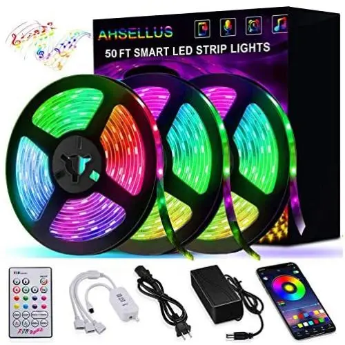AHSELLUS LED Strip Lights, 50ft 15m RGB LED Light Strip 5050 LED Tape Lights, Color Changing LED Lights for Bedroom Kitchen Bar Party DIY Decoration with APP Bluetooth Control + Remote+Music Sync