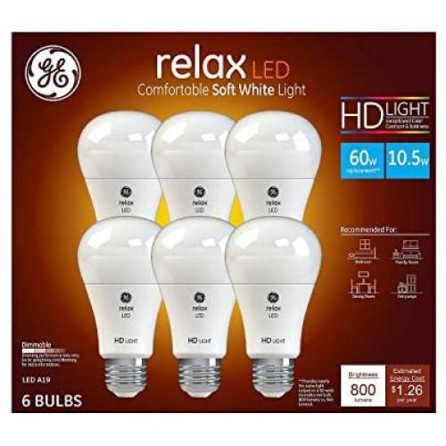 GE Relax High Definition LED Light Bulb 10.5-watt 2700K Comfortable Soft White 800-Lumens 6-Pack 60-watt Replacement Dimmable A19