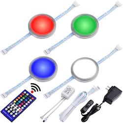 Lvyinyin RGBW Under Cabinet LED Lighting Kit, Linkable Puck Light, RGB & Daylight White, Wireless Remote Control Dimmer, 120V to 12V Wall Plug, 4 Lights