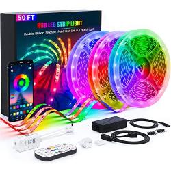 Led Strip Lights 50 Feet, Color Changing Lights Strip 3 Pack Bluetooth App Remote Control 5050 LEDs Light with Built-in mic Music sync led Lights for Bedroom Room tv Party