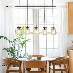 PUUPA 5 Lights Farmhouse Kitchen Lighting, Adjustable Glass Mason Jar Hanging Pendant Light Fixtures for Dining Room Living Room Cafe Pub Kitchen Island