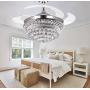 Crystal Chandelier Fandelier Chrome Ceiling Fan 42 Inch with Retractable invisible Blades and 3 Changing LED Light Color Ceiling Fan Light for Indoor, Living Room, Dining Room, Bedroom