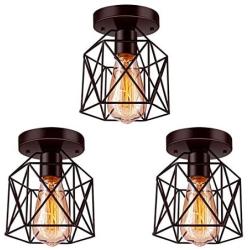 Tipace Industrial Vintage Semi-Flush Mount Ceiling Light, Rustic Metal Cage Close to Ceiling Light Fixture Brown for Hallway Stairway Bedroom Kitchen Farmhouse 3 Pack (Bulbs Not Included)