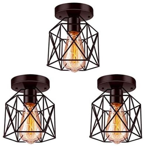 Tipace Industrial Vintage Semi-Flush Mount Ceiling Light, Rustic Metal Cage Close to Ceiling Light Fixture Brown for Hallway Stairway Bedroom Kitchen Farmhouse 3 Pack (Bulbs Not Included)
