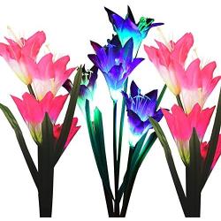 Outdoor Solar Garden Stake Lights, 3 Pack Solar Powered Flower Lights with 12 Lily Flower, Multi-Color Changing LED Solar Landscape Decorative Lights for Garden, Patio, Backyard Solar Flower Lights