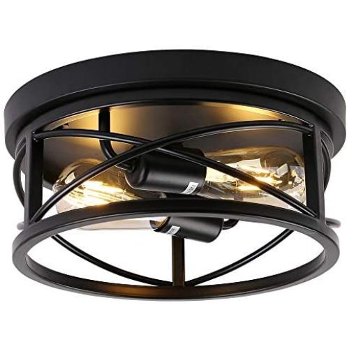 Vintage Industrial Style Rustic Farmhouse Ceiling Light Semi Flush Mount Fixture Black Metal Cage 2-Light for Bedroom Kitchen Living Room Hallway Bathroom Dining Room