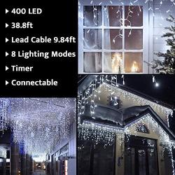 JMEXSUSS 38.8FT 400 LED Icicle Lights 8 Modes Waterproof Christmas Icicle Lights Outdoor with 80 Drops , Indoor Cool White Curtain Icicle Lights