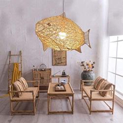 24inch Weaving Natural Wicker Ceiling Hanging Light Fish-Shaped Lantern Pendant Lighting Rattan Light Dining Room Living Room Restaurant Woven Chandelier Drop Lights (Adjustable Cord)