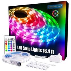 PANGTON VILLA Led Strip Lights 16.4 ft RGB 5050 Color Kit with 24 Key Remote Control and Power Supply Mood Lamp for Room Bedroom Home Kitchen Indoor Decorations