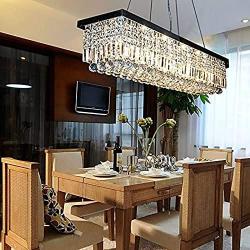 7PM Rectangular Chandelier Crystal Modern Raindrop Hanging Pendant Light Black Iron Frame Lighting for Dining Room L31.5'' x W9.8'' …