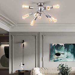 LIGHTESS Sputnik Ceiling Lights Vintage Semi Flush Mount Ceiling Light with 9 UL Sockets Nickel Sputnik Industrial Ceiling Lamp for Kitchen Dining Room Bedroom E26 Base