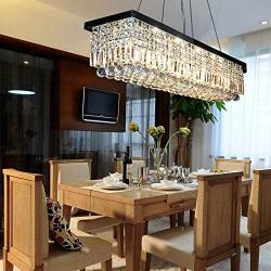 7PM W40'' x D10'' Modern Contemporary Linear Rectangle Rectangular Island Elegant K9 Crystal Chandeliers Crystal Droplets Pendant Suspension Lamp Light Fixture Hanging Dining Room Kitchen Island Black