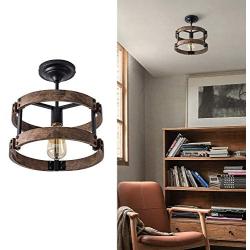 Modern Farmhouse Flush Mount Light Fixture Metal and Wood Round Flush Mount Black Ceiling Light Industrial and Rustic Ceiling Lamp for Hallway, Bathroom, Bedroom, Kitchen, Entryway, Porch, Laundry