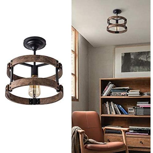 Modern Farmhouse Flush Mount Light Fixture Metal and Wood Round Flush Mount Black Ceiling Light Industrial and Rustic Ceiling Lamp for Hallway, Bathroom, Bedroom, Kitchen, Entryway, Porch, Laundry