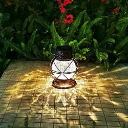 Solar Lantern Outdoor Hanging Lights, Metal & Crackle Glass Multi Color Decorative Garden Lights Waterproof LED for Table, Patio, Yard Decor (Bronze)