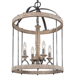 LOG BARN Farmhouse Chandelier for Dining Room, Wood Metal Hanging Light Fixture, 4-Light Foyer Chandeliers for High Ceilings, 16” Dia