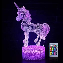 Unicorn 3D Night Lights Optical Illusion LED 16 Colors Lamps Light with Smart Touch&Remote Controller Bday Xmas Party Gifts for Girls Kids Home Decor Bedroom Desk Decorations (Unicorn Babe(Remote))