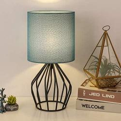 HAITRAL Modern Table Lamp - Small Nightstand Teal Lamp for Bedroom, Black Metal Cage Table Lamp with Hollowed Out Base for Bedroom, Living Room, Office, College Dorm, Den, Blue