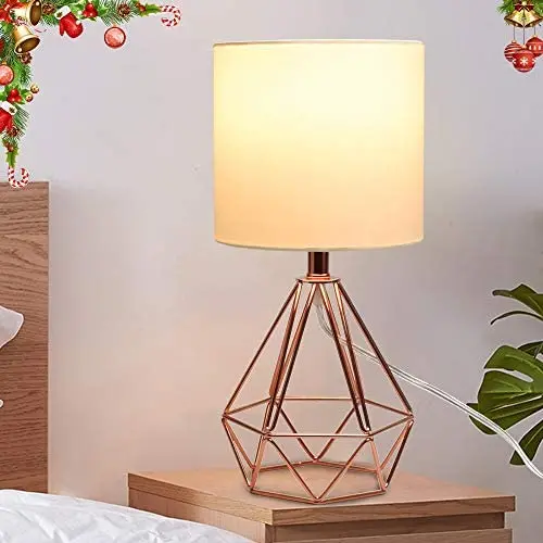 Depuley Modern Rose Gold Table Lamp for Living Room, Small Metal Desk Lamp Hollowed Out Base with Fabric Shade,5W Nightstand Lamps for Bedroom/Office/Side (E26 Bulb Incl.)