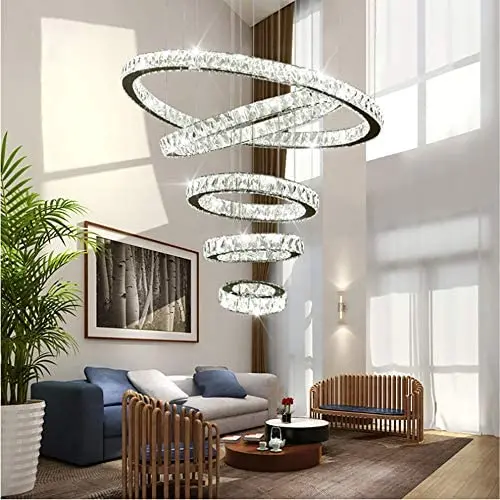 Modern Crystal Ring Chandelier LED Ceiling Fixtures Pendant Light Adjustable Stainless Steel Cable for Dining Living Room Staircase, 3-Color Changing 5 Ring