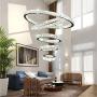 Modern Crystal Ring Chandelier LED Ceiling Fixtures Pendant Light Adjustable Stainless Steel Cable for Dining Living Room Staircase, 3-Color Changing 5 Ring