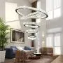 Modern Crystal Ring Chandelier LED Ceiling Fixtures Pendant Light Adjustable Stainless Steel Cable for Dining Living Room Staircase, 3-Color Changing 5 Ring