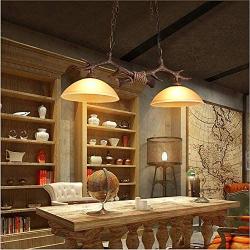 Ladiqi 2 Lights Pendant Light Industrial Farmhouse Dining Table Hanging Island Lighting Fixture Retro Antlers Chandelier Lights Amber for Kitchen Dining Room Living Room Bar