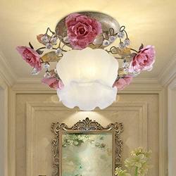 Tochange Romantic Rose Crystal Ceiling Light Lamp Pastoral Rustic Floral Flush Mount Ceiling Lamp for Living Room Bedroom Dining Room Ceiling Light Lighting Fixture,110-240V,E27