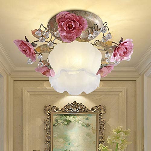 Tochange Romantic Rose Crystal Ceiling Light Lamp Pastoral Rustic Floral Flush Mount Ceiling Lamp for Living Room Bedroom Dining Room Ceiling Light Lighting Fixture,110-240V,E27